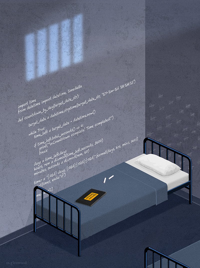 Illustration of a jail cell with computer code on wall
