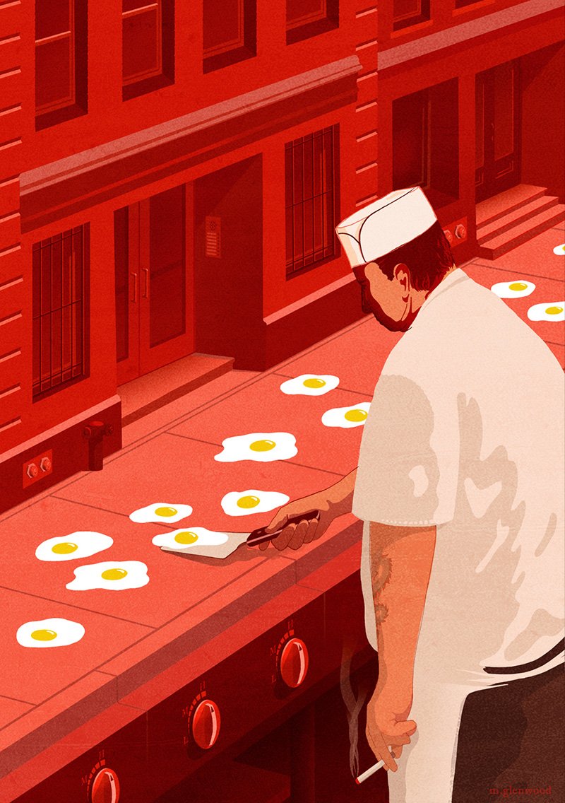 Short order cook frying eggs on sidewalk
